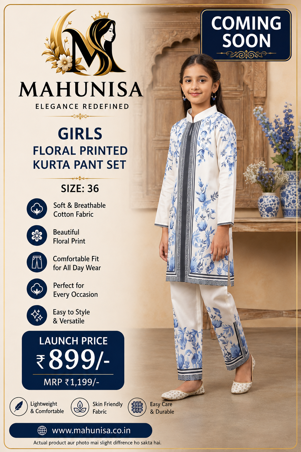 Girls Floral Printed Kurta Pant Set – Blue & White