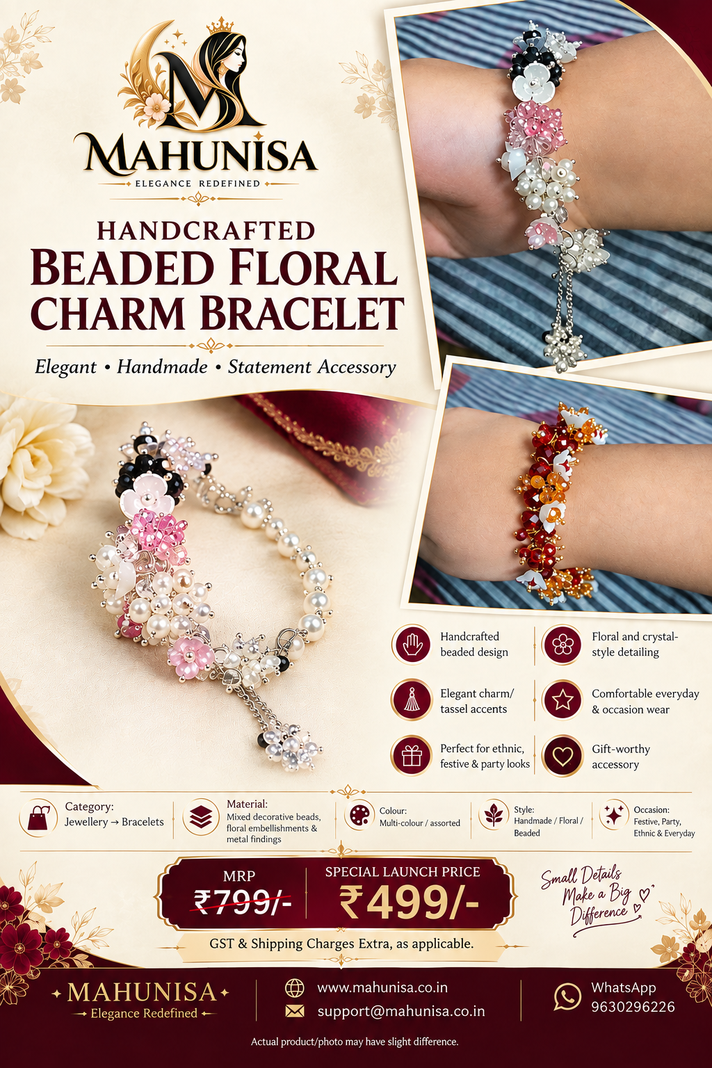 MAHUNISA Handmade Beaded Floral Charm Bracelet