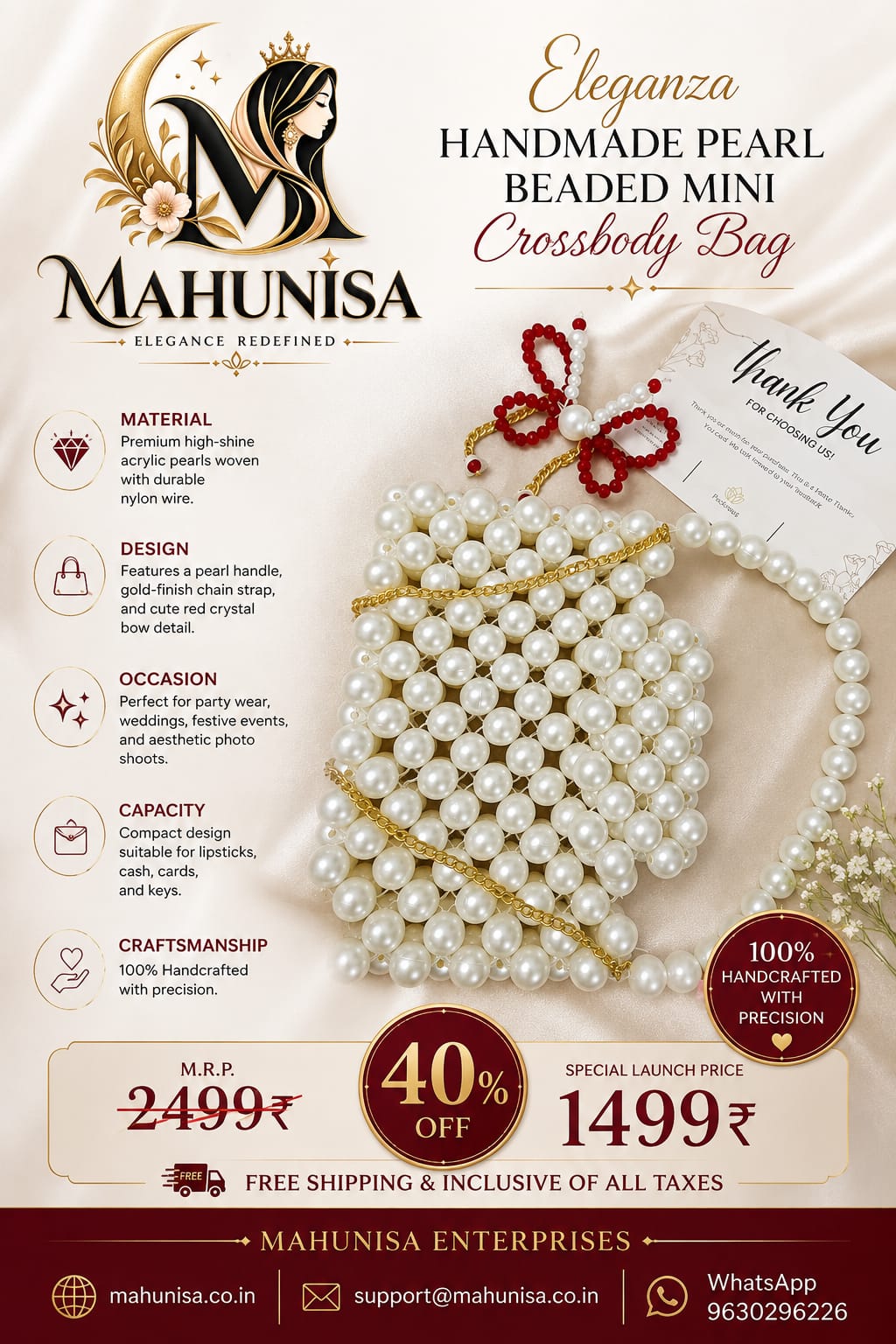 Eleganza Handmade Pearl Beaded Mini Crossbody Bag