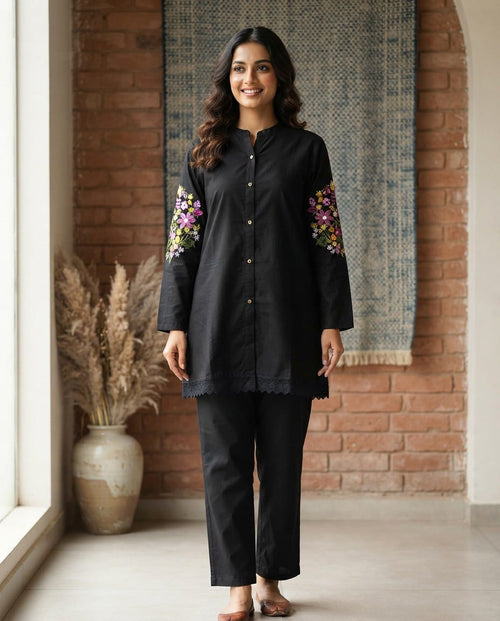 Black Cotton Slub Kurta Set