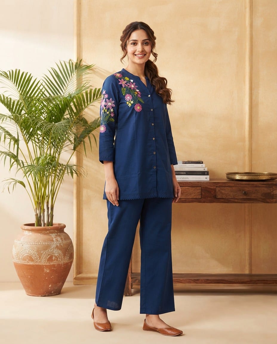 Navy Blue Cotton 60-60 Kurta Set
